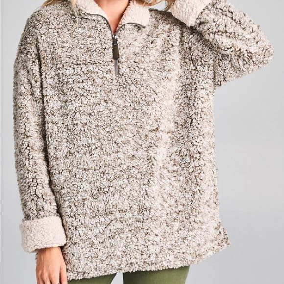 Pink Peplum Boutique Sweaters - Faux fur fuzzy Sherpa pullover zip sweater